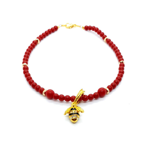 Handamde Red Coral Crystal Beaded Anklet With Gold Bee Charm