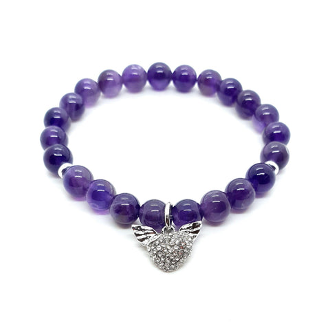 Purple Amethyst Crystal Beaded Bracelet With Gemstone Heart Charm