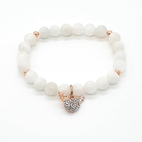 Handmade Moonstone Crystal Beaded Bracelet With Rose Gold Heart And Angel Wings