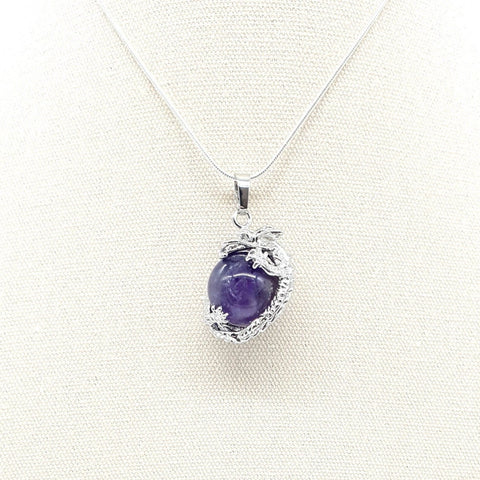 Purple Amethyst Crystal Ball Necklace Pendant With Silver Dragon