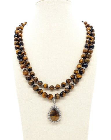 Tiger Eye Crystal Beaded Necklace With Teardrop Pendant
