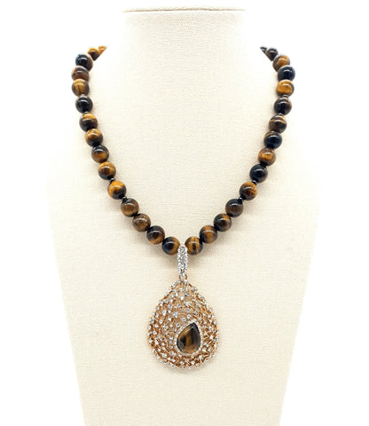 Tiger Eye Crystal Beaded Necklace With Gold Gemstone Teardrop Pendant