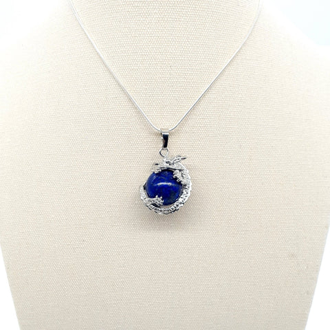 Blue Lapis Lazuli Crystal Ball Necklace Pendant With Silver Dragon