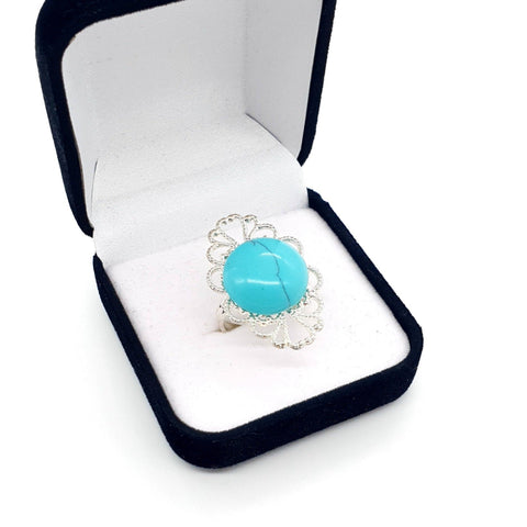 Silver Adjustable Ring With Gemstone Turquoise Crystal