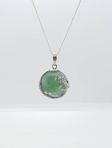 Green Aventurine Crystal Necklace Pendant With Silver Dragon