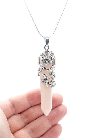 Point Pink Rose Quartz Wrapped Crystal Necklace Pendant