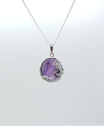 Purple Amethyst Necklace Pendant With Silver Dragon