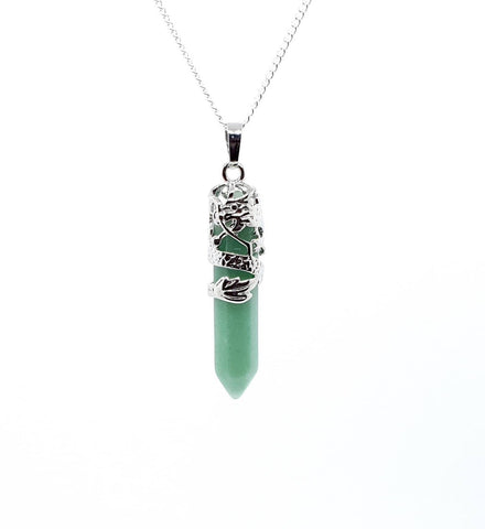 Point Green Aventurine Crystal Necklace Pendant With Silver Dragon