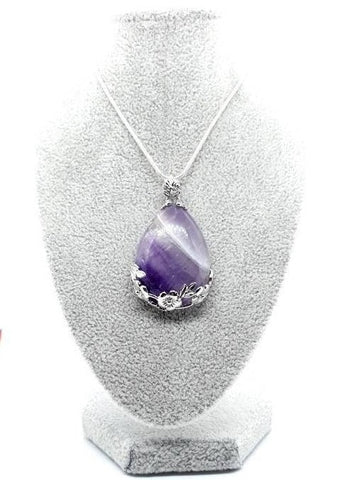 Purple Amethyst Teardrop Crystal Necklace Pendant With Silver Flowers