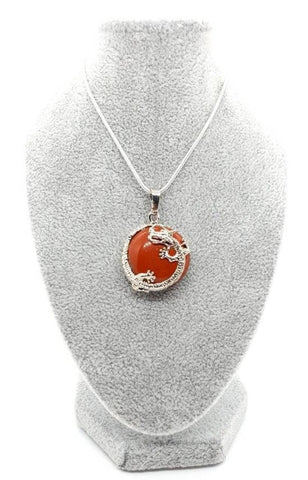 Red Jasper Crystal Necklace Pendant With Silver Dragon