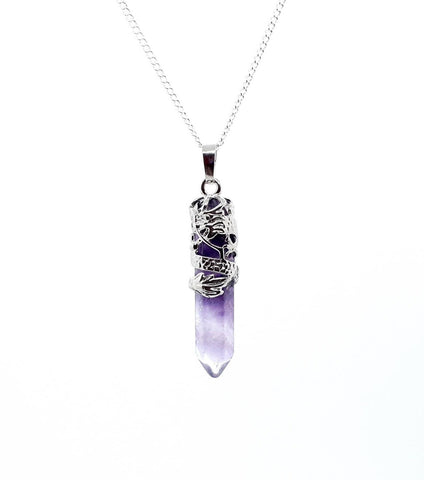 Point Purple Amethyst Necklace Pendant With Silver Dragon