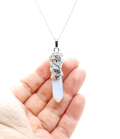 Point Opal Crystal Necklace Pendant With Silver Dragon