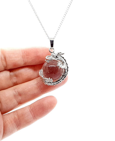 Clear Quartz Crystal Ball Necklace Pendant With Silver Dragon