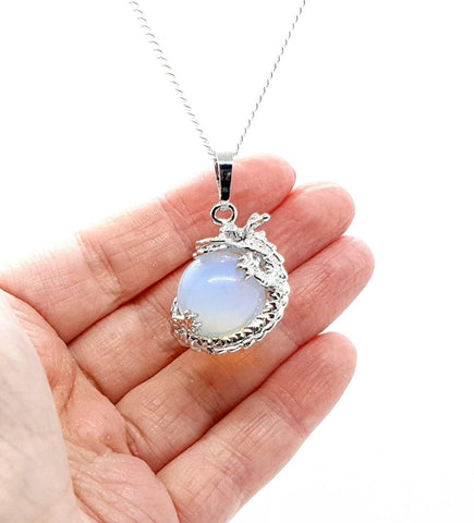 Sphere Opal Crystal Necklace Pendant With Silver Dragon