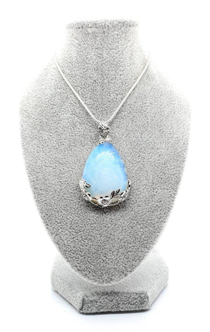 Opal Teardrop Crystal Necklace Pendant With Silver Flowers