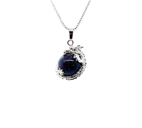 Sphere Blue Goldstone Crystal Necklace Pendant With Silver Dragon