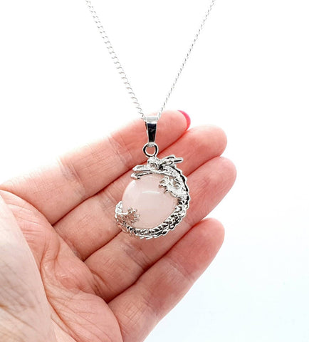 Sphere Rose Quartz Crystal Necklace Pendant With Silver Dragon