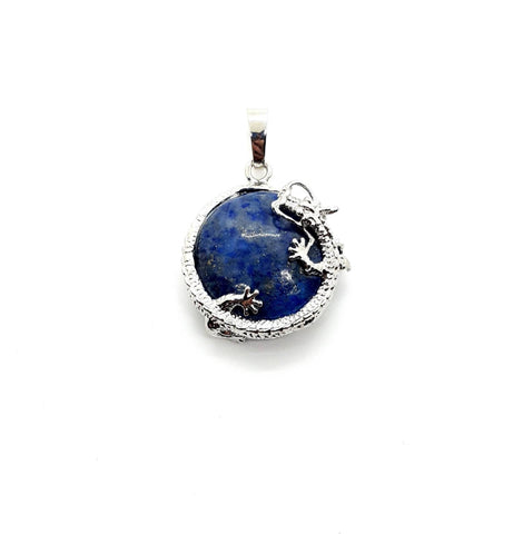 Blue Lapis Lazuli Crystal Necklace Pendant With Silver Dragon