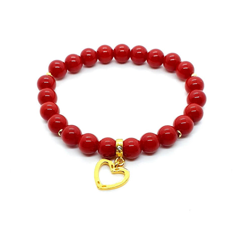 Handmade Red Coral Crystal Beaded Bracelet With Gold Heart Charm