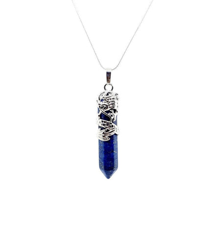 Point Blue Lapis Lazuli Crystal Necklace Pendant With Silver Dragon