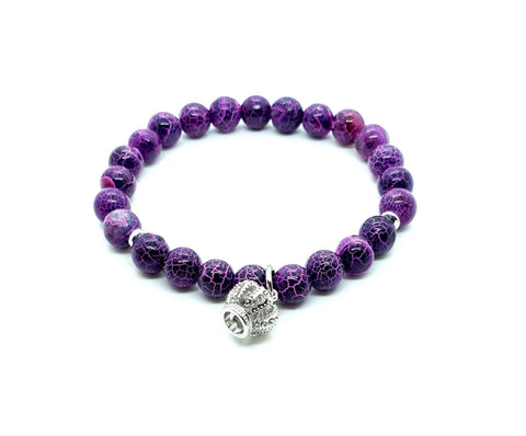 Handmade Purple Dragon Vein Agate Crystal Beaded Bracelet With Silver Crown Charm