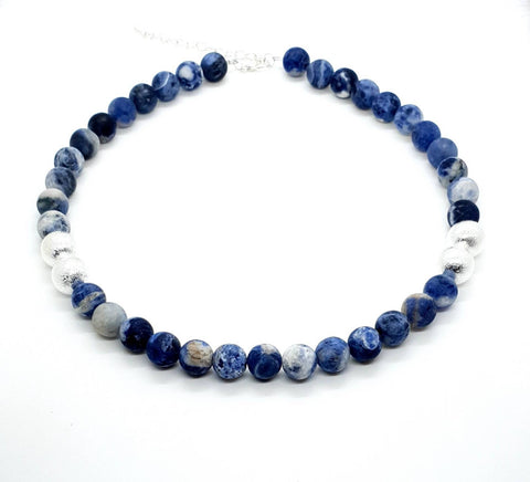 Sodalite Crystal Beaded Necklace With Silver Brass Beads