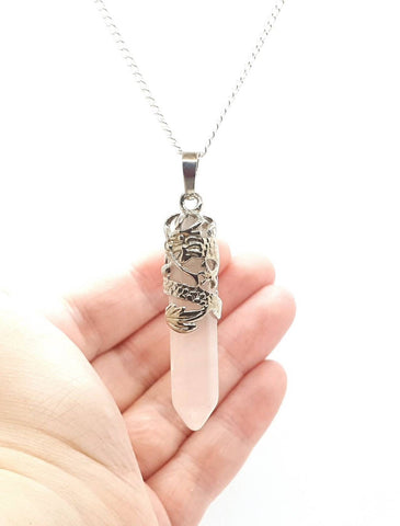 Point Rose Quartz Crystal Necklace Pendant With Silver Dragon