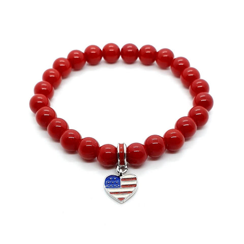 Handmade Red Coral Crystal Bracelet With United States Flag Heart