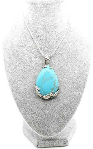 Green Turquoise Crystal Teardrop Pendant With Silver Flowers