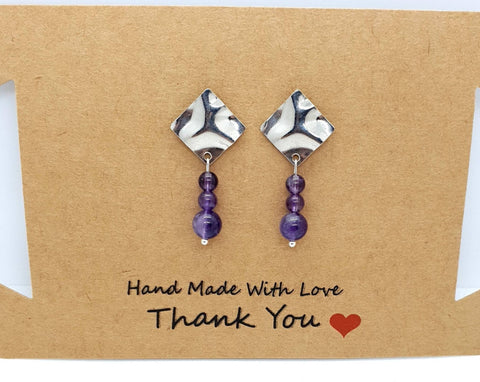 Handmade Purple Amethyst Crystal Silver Square Earrings