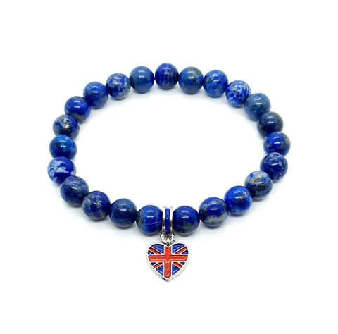 Handmade Blue Lapis lazuli crystal beaded bracelet with Union Jack heart