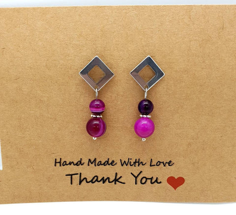 Handmade Silver Square Earrings With Pink Fuchsia Agate Crystal