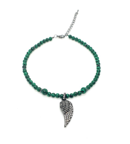 Handmade Green Malachite Crystal Anklet With Black Gemstone Angel Wing