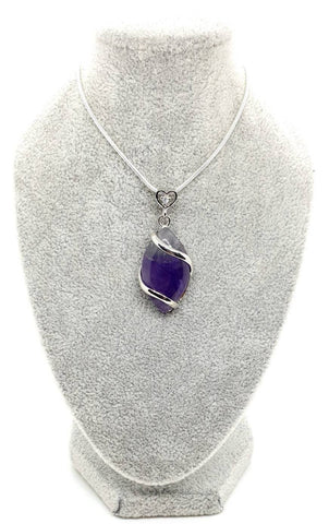 Purple Amethyst Crystal Necklace Pendant With Small Gemstone Heart