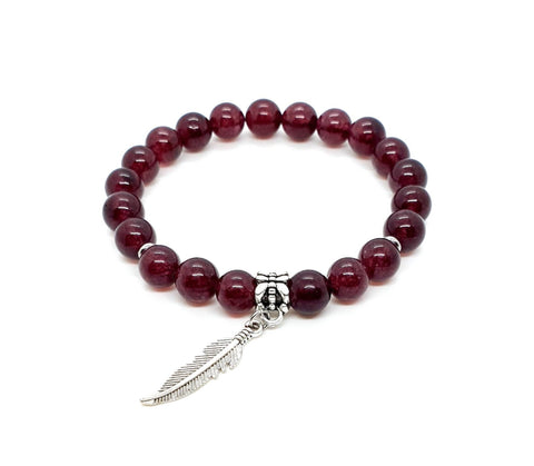 Handmade Red Garnet Crystal Bracelet With Silver Feather Charm