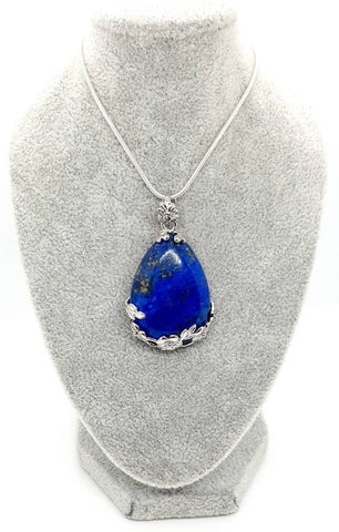 Blue Lapis Lazuli Teardrop Crystal Necklace Pendant With Flowers