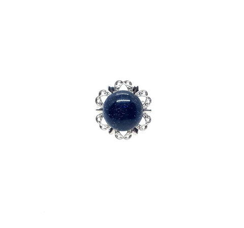 Dark Silver Flower Ring With Blue Goldstone Crystal Gemstone