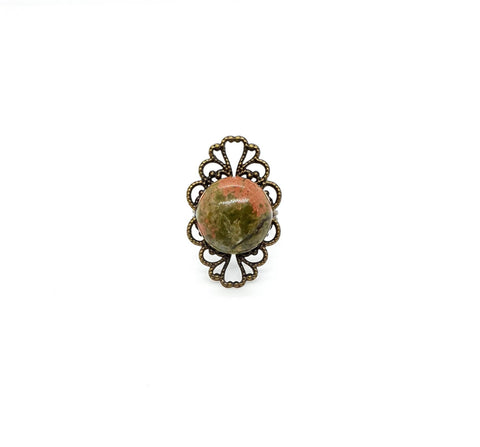 Adjustable Vintage Bronze Ring With Unakite Crystal Stone