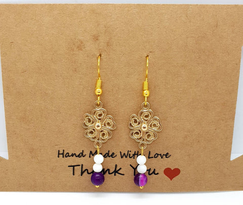Handmade Gold Flower Earrings With White Tridacna & Pink Agate Crystal