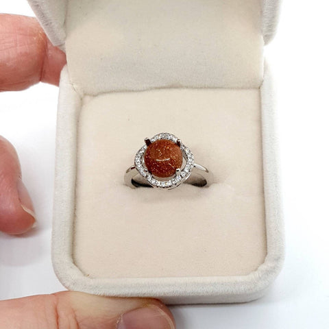 Minimalist Silver Gemstone Ring With Goldstone Crystal Stone