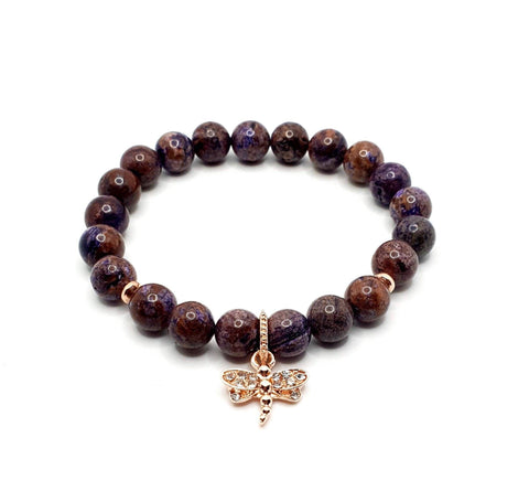 Handmade Purple Charoite Crystal Beaded Bracelet With Rose Gold Dragonfly Charm
