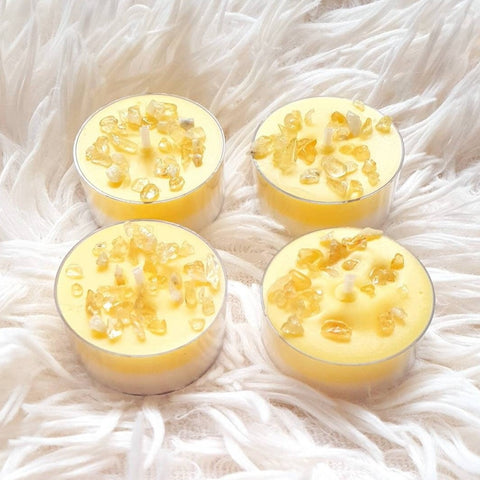 Tea Light Soy Wax Candles White & Yellow With Citrine Crystals, pack of 4