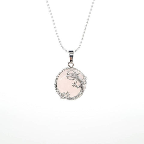 Pink Rose Quartz Necklace Pendant With Silver Dragon