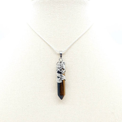 Point Tiger Eye Crystal Necklace Pendant With Silver Dragon