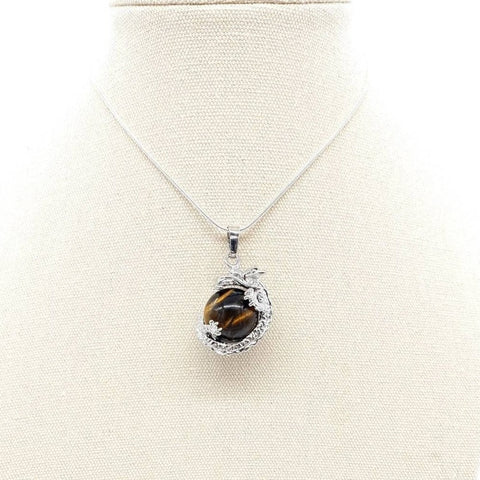 Sphere Tiger Eye Crystal Necklace Pendant With Silver Dragon