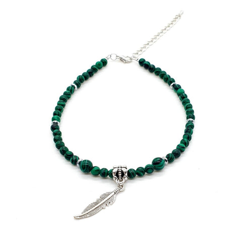 Green Malachite Crystal Anklet With Silver Feather Charm