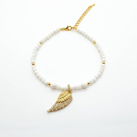 White Tridacna Stone Anklet With Gold Angel Wing