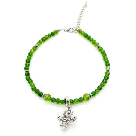 Green Peridot Crystal Anklet With Silver Dragon Pendant
