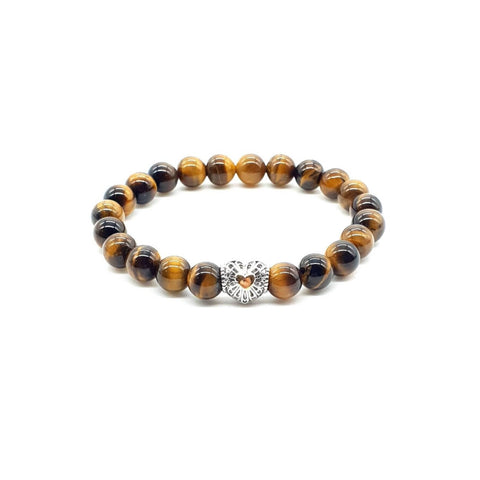 Tiger Eye Crystal Beaded Bracelet With Silver Heart Charm