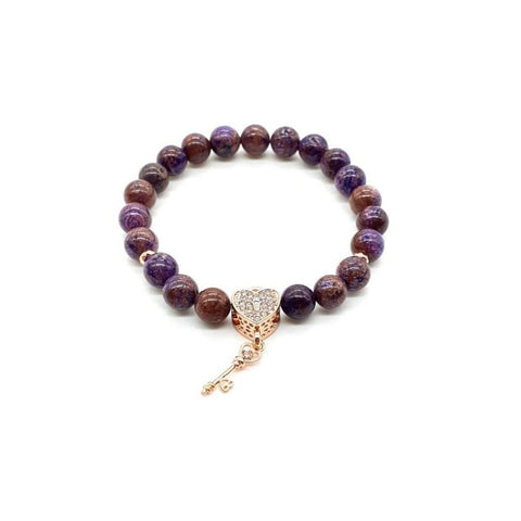 Purple Charoite Crystal Beaded Bracelet With Rose Gold Heart Charm